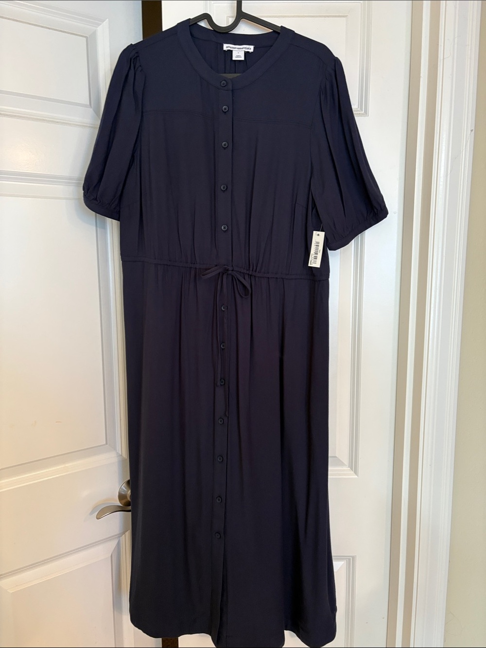 Amazon Essentials Navy Button-Front Midi Dress with Tie Waist